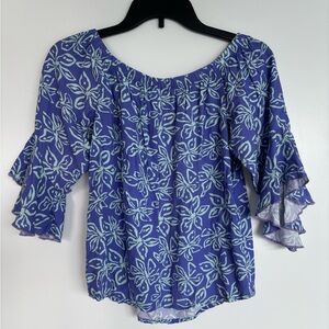 Gianni Garet 16” PTP Floral Off-Shoulder Bohemian Top, Purple/Blue, Size Small.